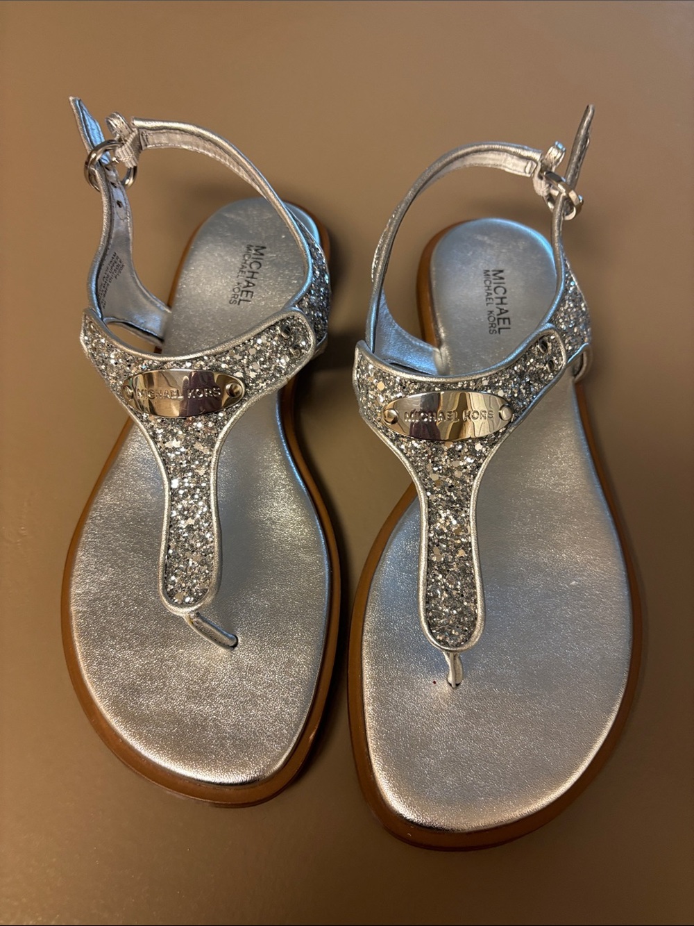 Michael Kors Silver Sparkle T-Strap Sandals for Women
